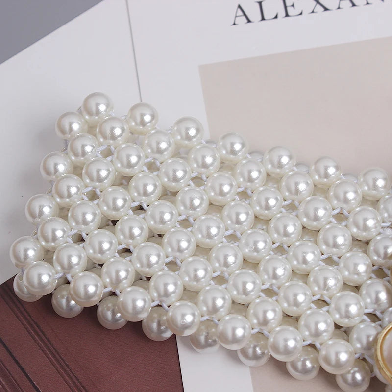 Pearl Embellished Elastic Waist Chain Belt for Women