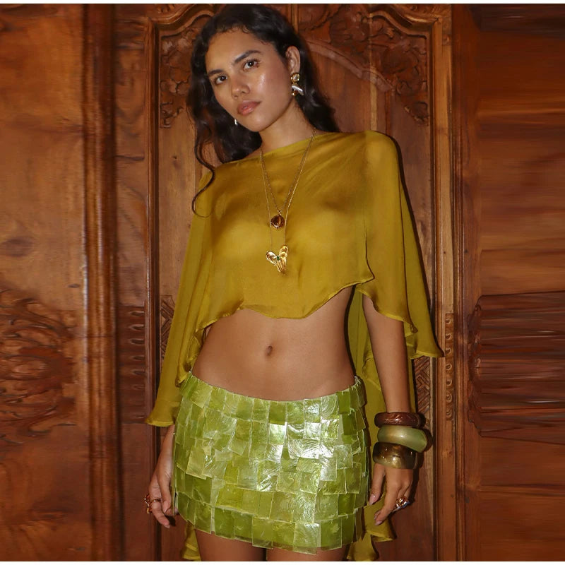 Sheer Chiffon Cape Top and Sequin Mini Skirt Set for Women