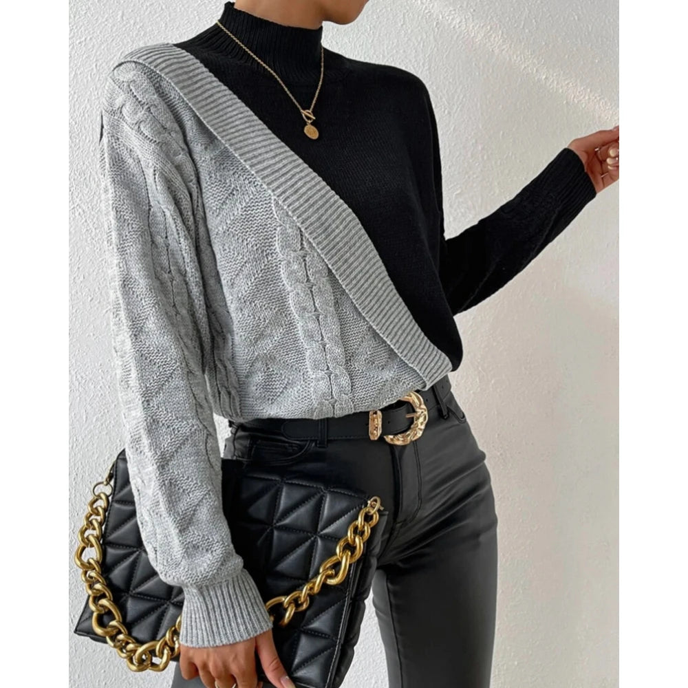 Autumn O Neck Colorblock Frill Knitted Sweater Women Fashion Long Sleeve Skinny Top Casual Outwear Korean Style