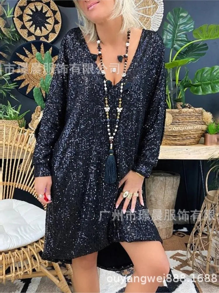 Chic Solid Color Sequin Long Sleeve Mini Dress for Women