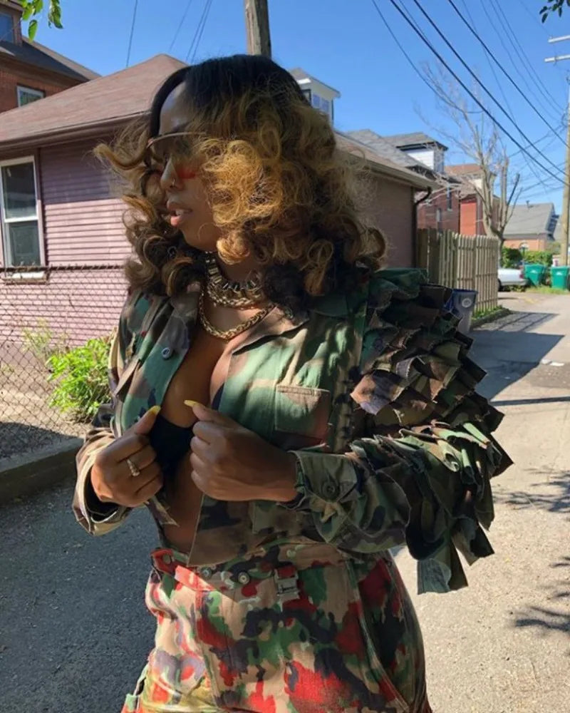 Cascading Ruffled Camouflage Crop Jacket for Women
