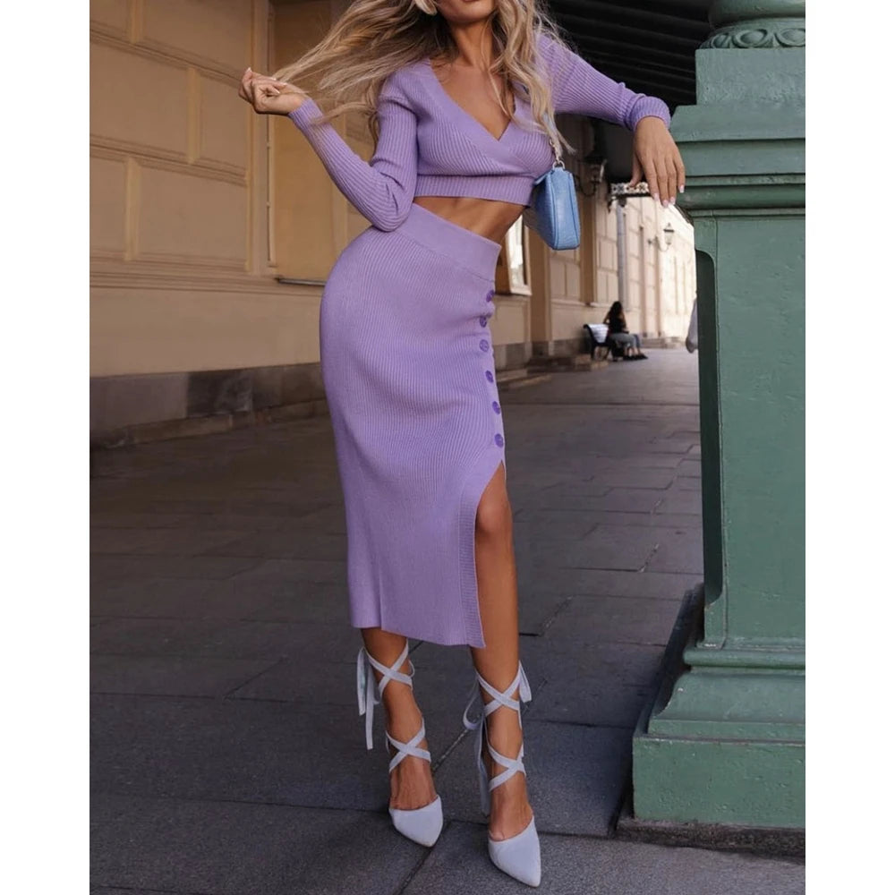 Casual Autumn Women V-Neck Long Sleeve Ribbed Knit Top & Button Slit Midi Skirt Set Slim Fit Two Pieces Dress Set