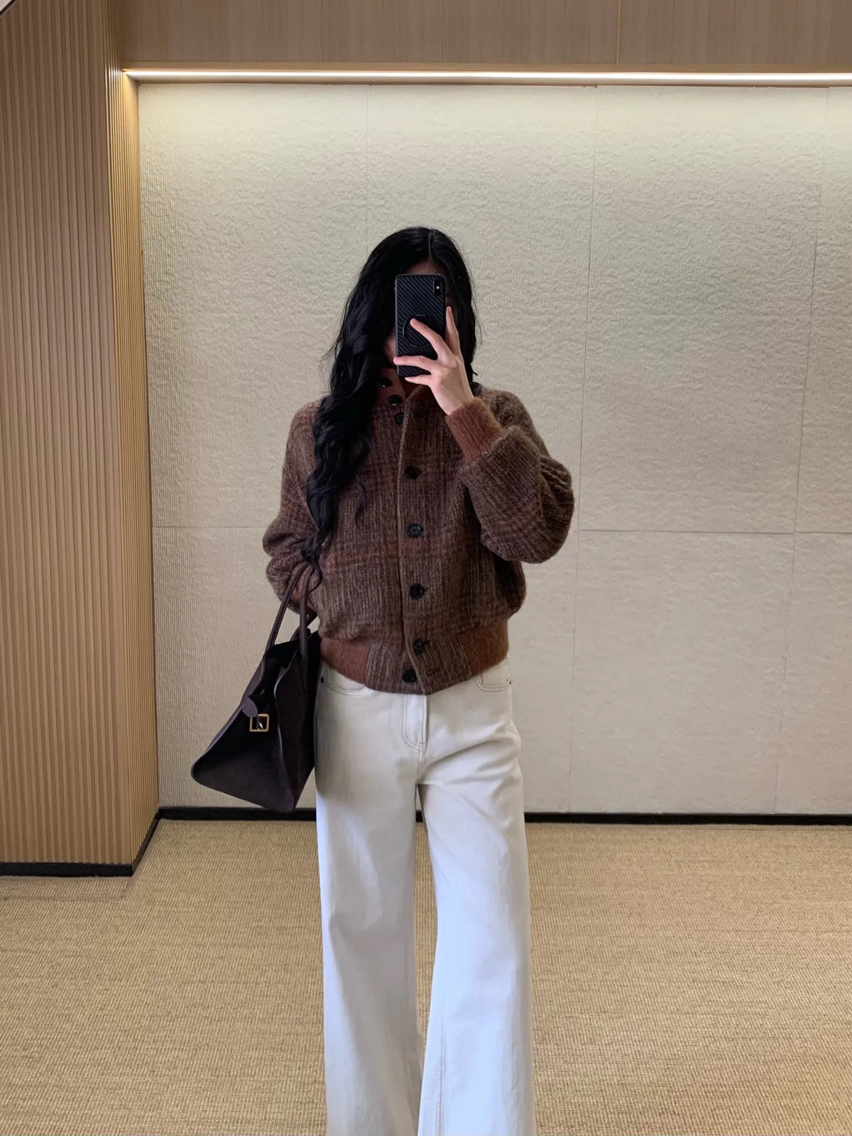 Vintage Plaid Wool Blend Stand Collar Jacket for Women