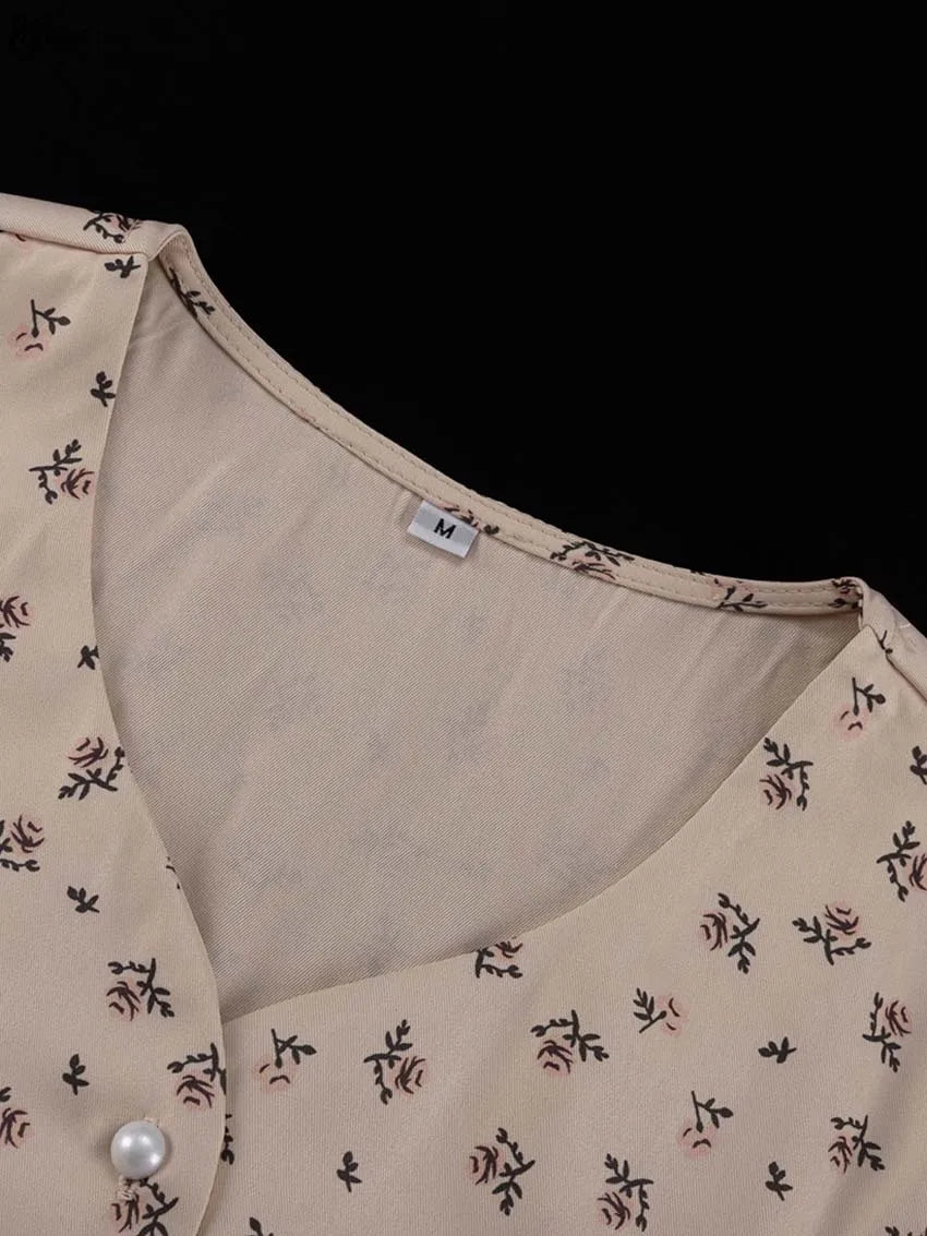 Oymimi Casual Apricot Print 2 Pieces Set For Woman Elegant Long Sleeve Button Ruffled Shirts And High Waist Side Slit Skirts Set