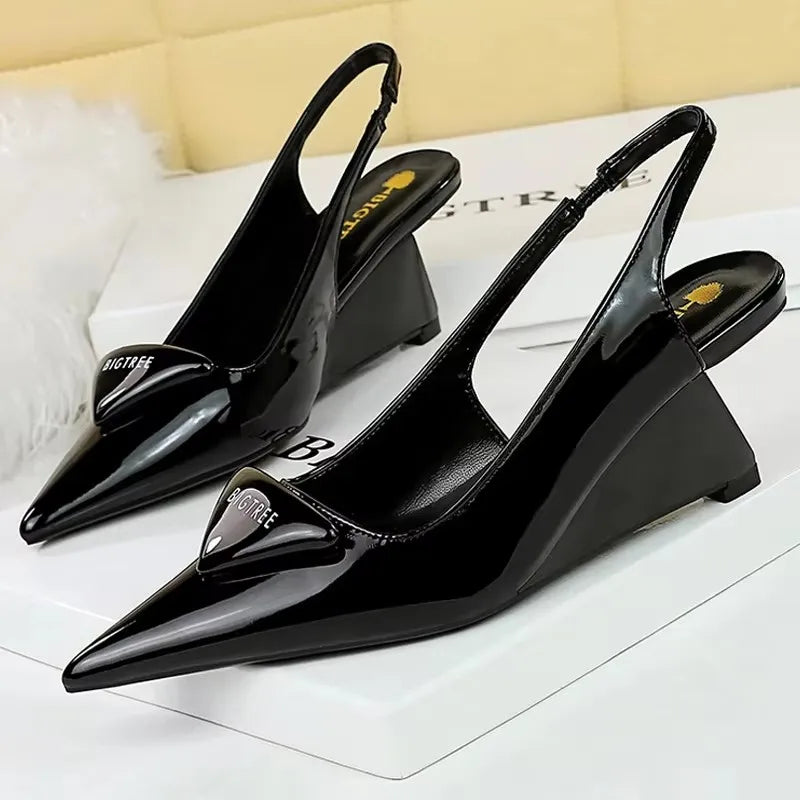 Patent Leather Wedge Heel Pumps With Back Strap for Women