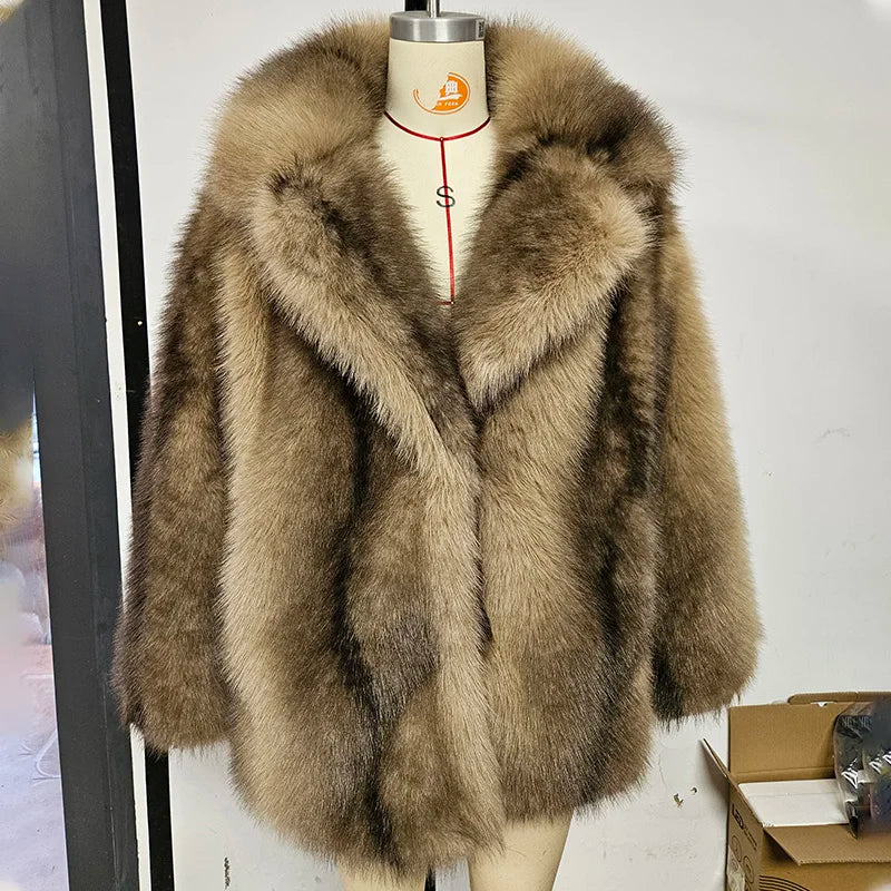 Lapel Collar Faux Fur Coat