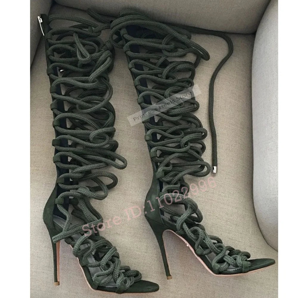 Cross Straps Hollow Cuts Open Toe Lace Up Sandals for Women