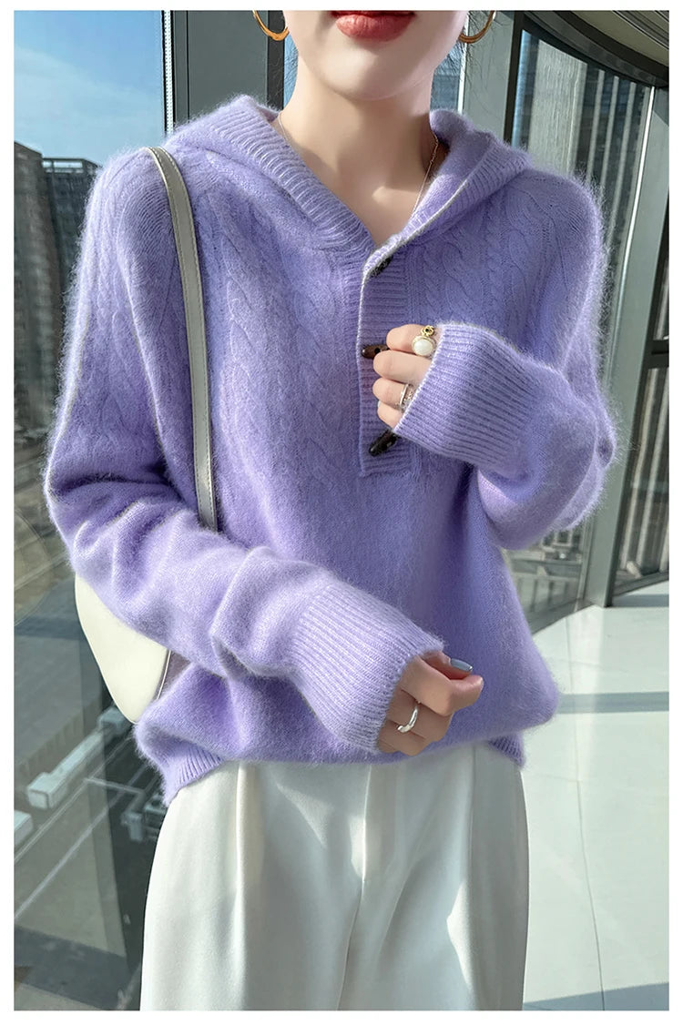 Chunky Knit Loose Hooded Pullover Sweater for Women