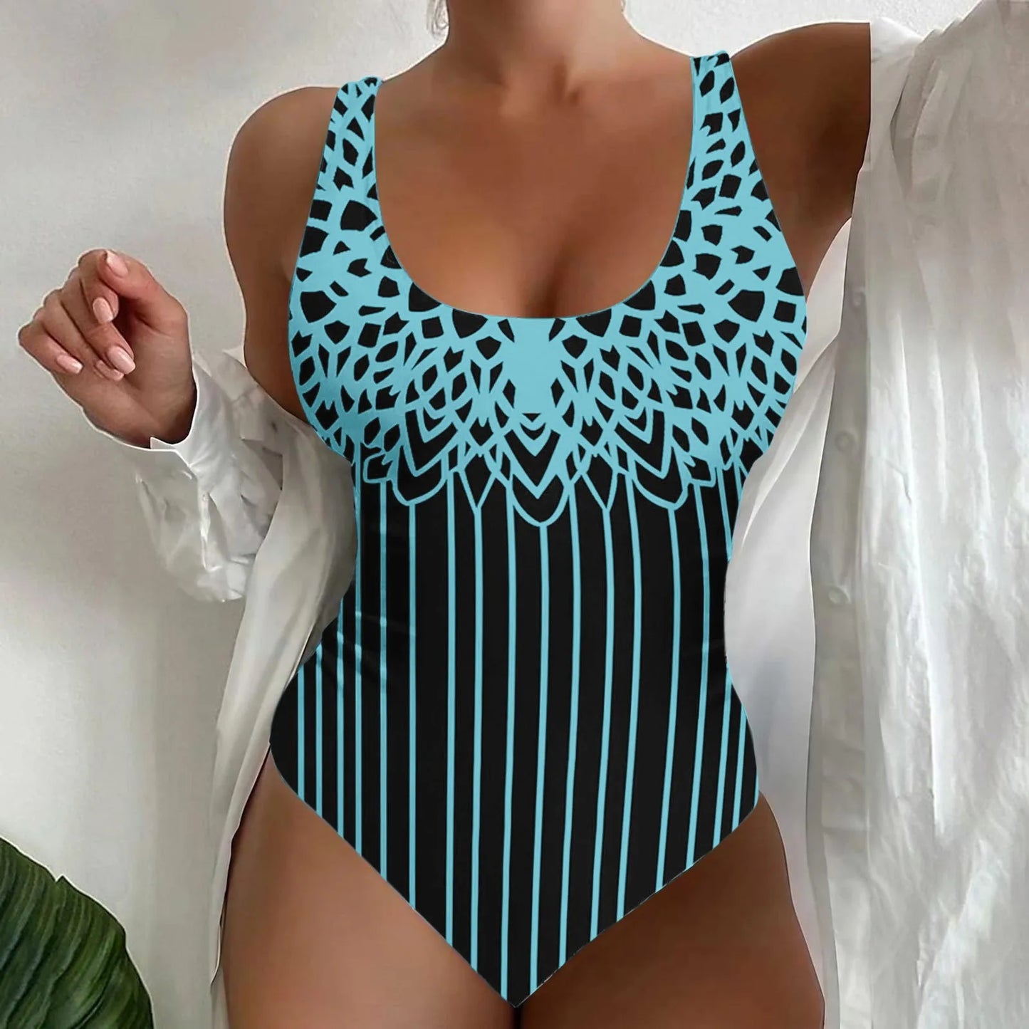 Plus Size U Neck Striped Print Figure Shaping Swimsuit for Women