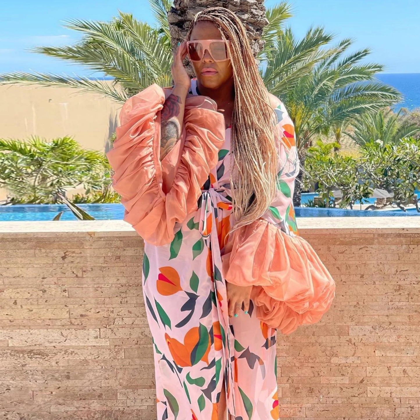 Vintage Floral Printed Chiffon Long Cardigan With Ruffle Sleeves for Women