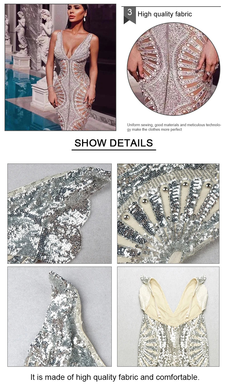 Sequined Ruffle Maxi Slip Dress with V Neck for Women