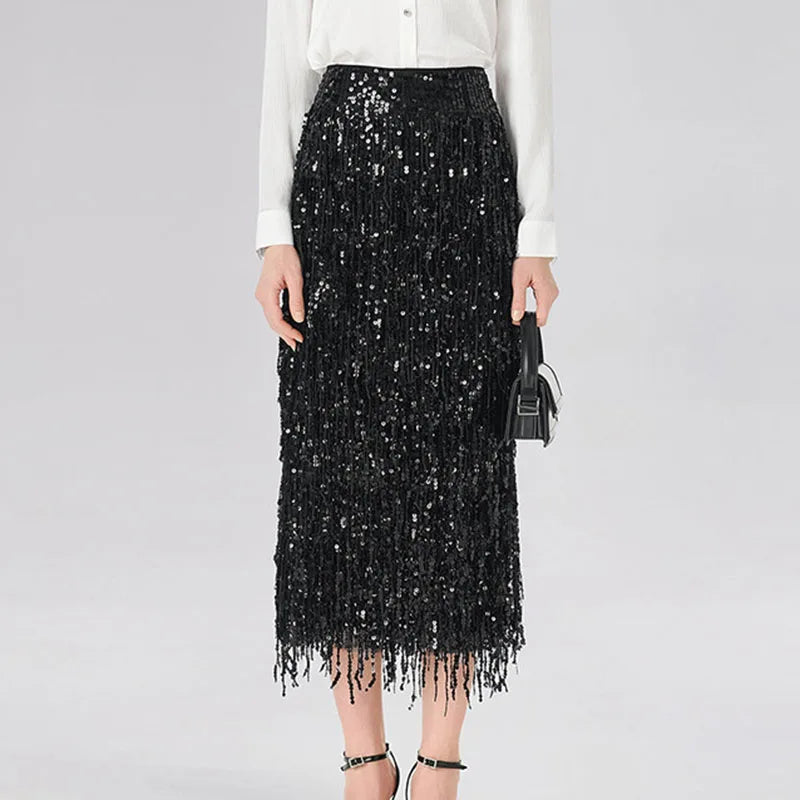 High Waist Sequined Split Tassel Midi Skirt for Women