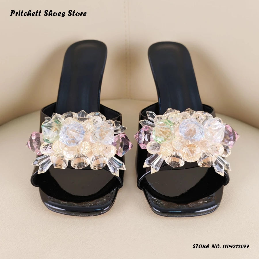 Sleek Patent Leather Square Open Toe Mules With Crystal Trim For Women