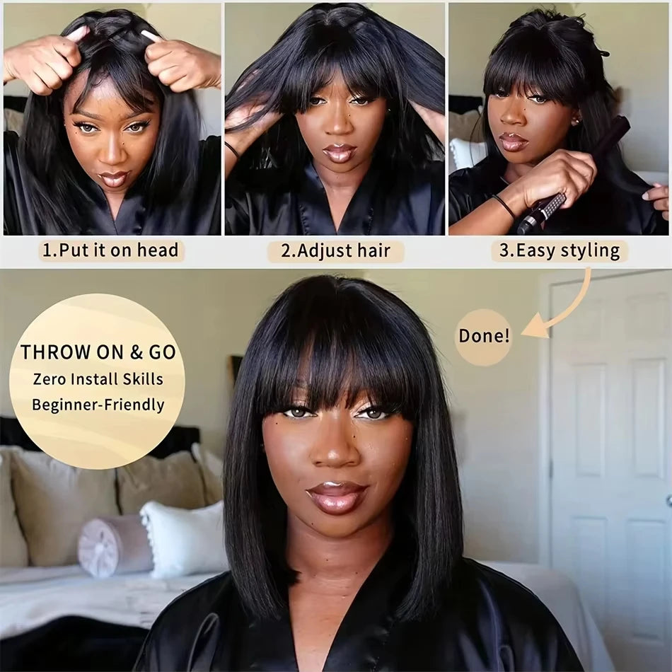 Long Straight Natural Human Hair Wig With Bangs for Women