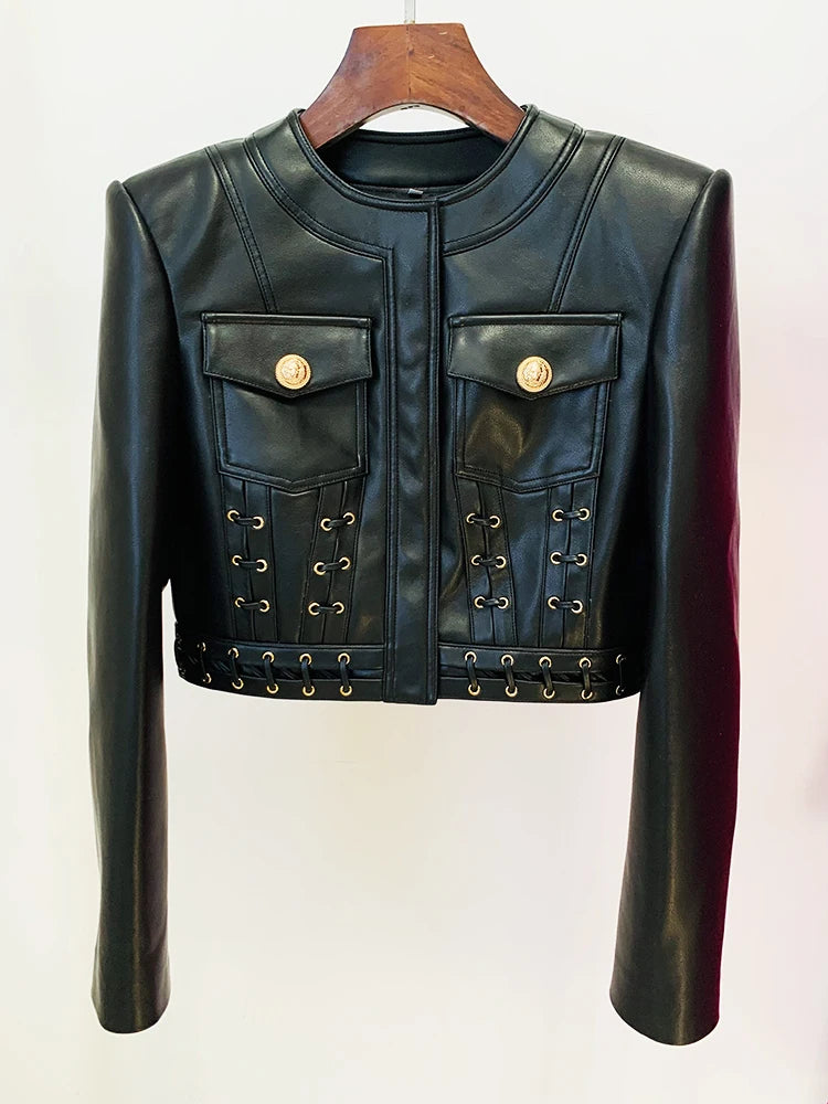 HIGH STREET Newest Fashion 2025 Designer Blazer Women's O-neck Rope Lace-Up Trimmed Artificial Leather Jacket