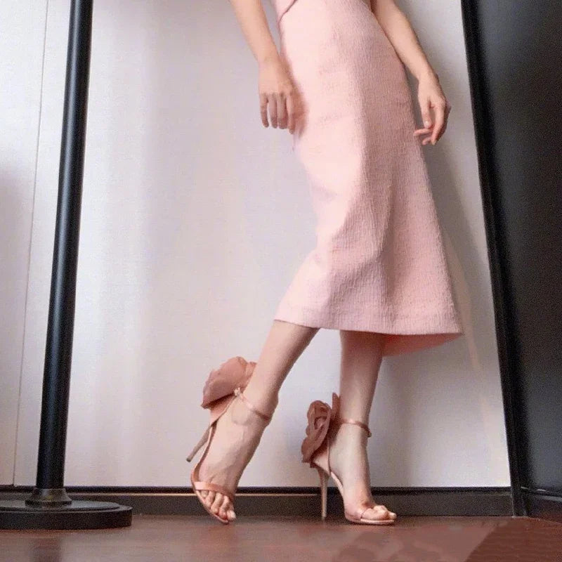 Floral Round Toe Slim Heel Party Sandals for Women