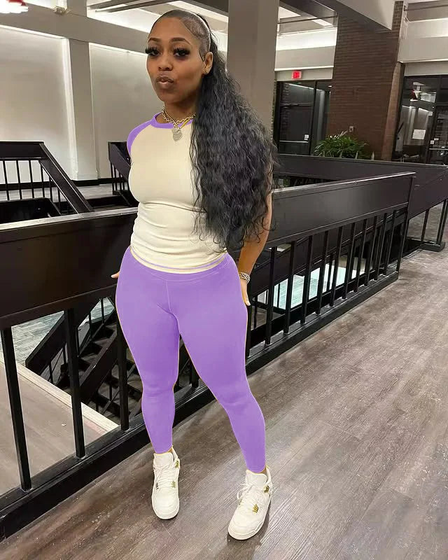 FAGADOER Casual Sporty 2 Pieces Set for Woman Color Block Short Sleeve T Shirts + Leggings Pants Tracksuits Female  Clothing New