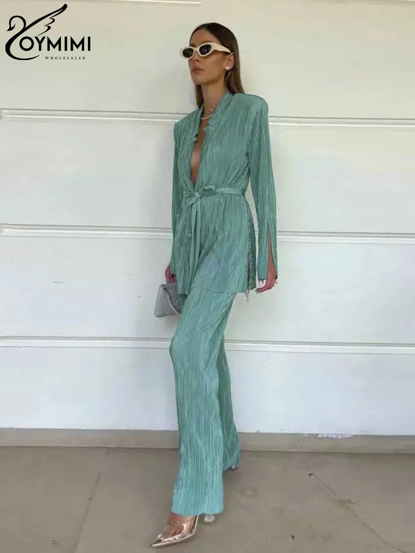 Oymimi Sexy Black Pleated 2 Piece Sets Women Outfit Fashion Loose Slit Long Sleeve Lace-Up Top With High Waist Pants Set Female