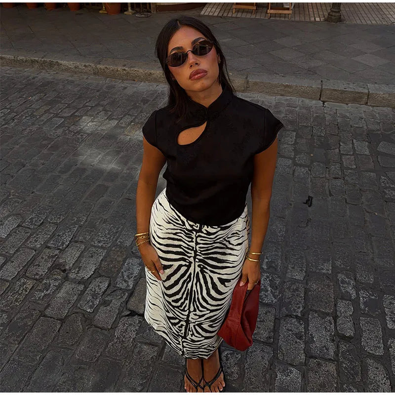 High Waist Leopard Print Zipper Midi Skirt for Women