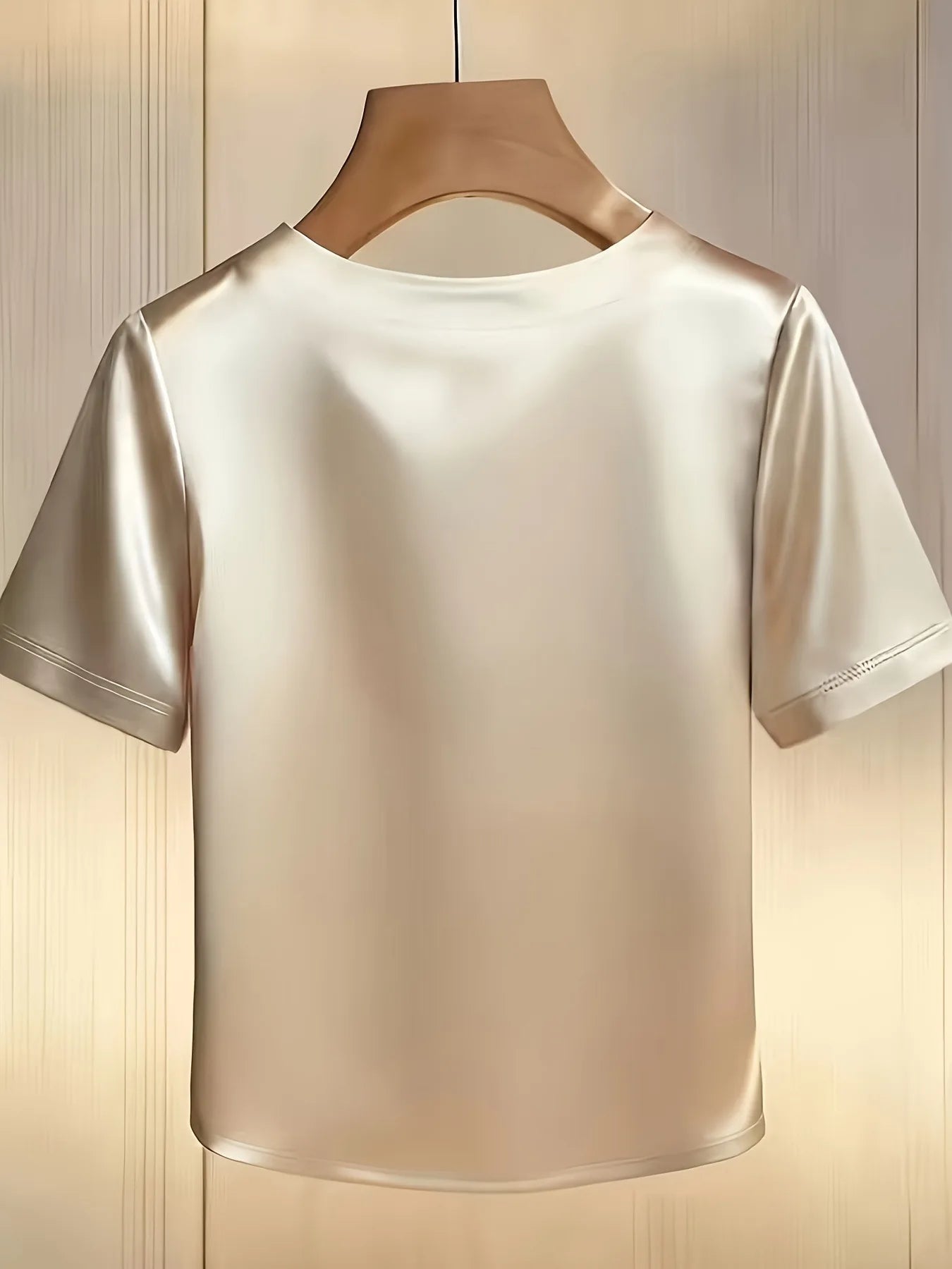 Satin Round Neck Pearl Beaded Decor Short Sleeve Top for Women