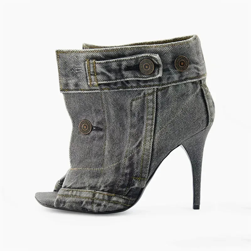 Elegant Denim Look Strappy Peep Toe Stiletto Sandals for Women