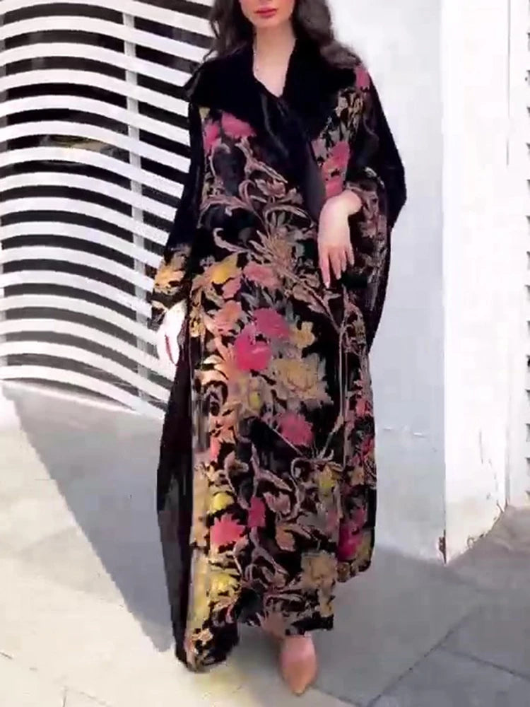 Elegant V-neck Splicing Robe Windbreaker Women's Casual Long Sleeve Draped Loose Jacket Fashion Flower Print Color Blocked Coats