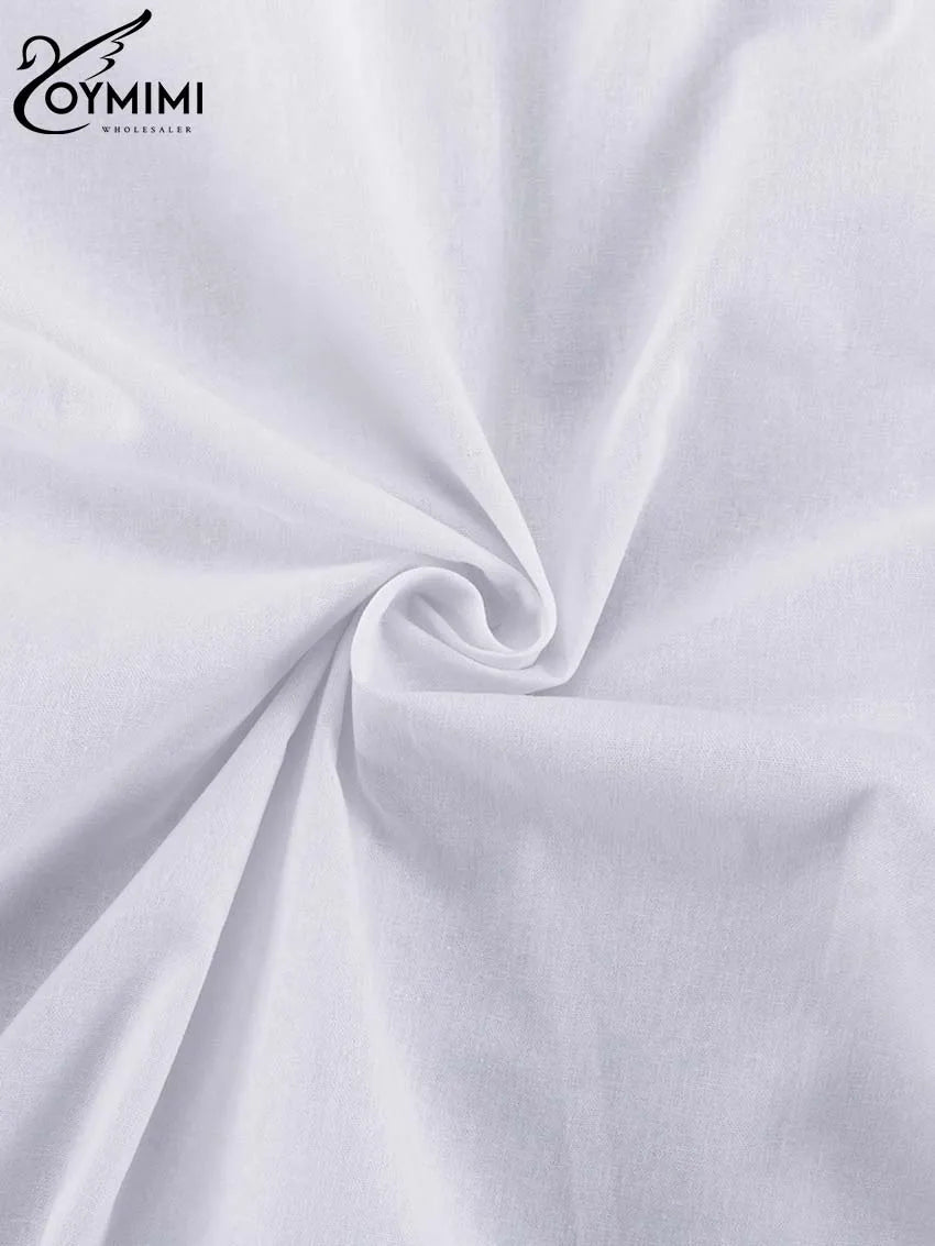 Oymimi Elegant White Cotton Sets For Women 2 Pieces Casual Lapel Long Sleeve Button Shirts And Ruffled Ankle-Length Pants Sets