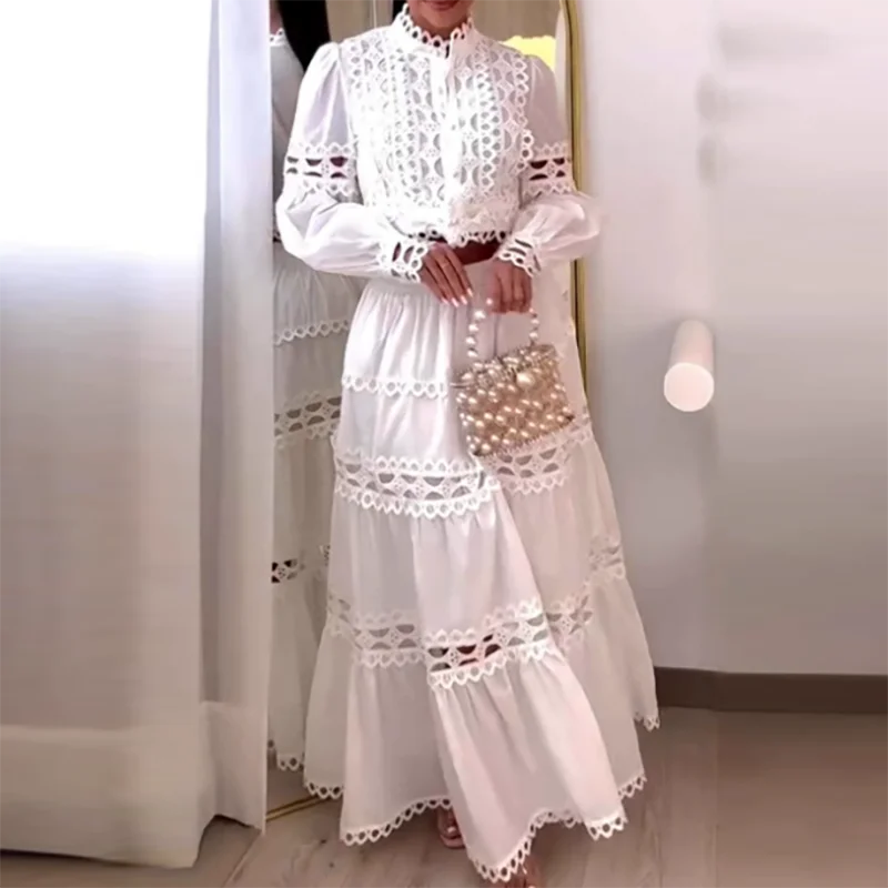 Lace Design Loose Party Suit Women Casual O-neck Long Sleeve Top & Long Skirt 2 Piece Set Sexy Hollow Out Pleated Holiday Outfit