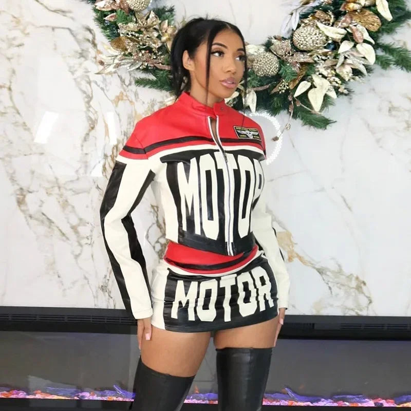 Y2K Faux Leather Motorcycle Jacket And Skirt Set for Women