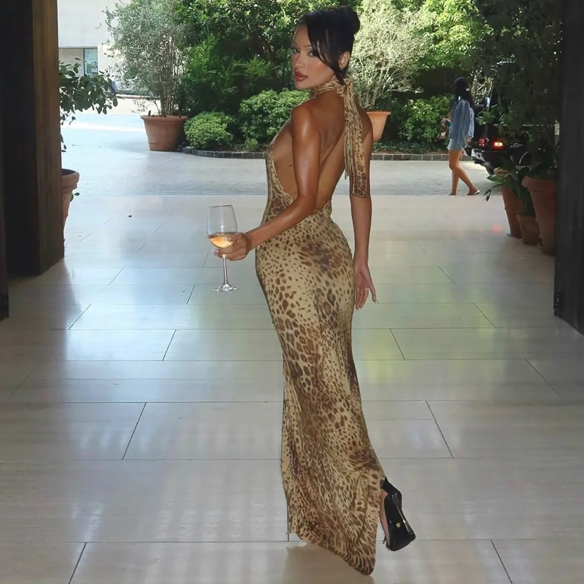 Halter Neck Leopard Print Backless Maxi Dress for Women