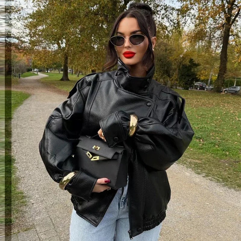 Cropped Oversized Black Leather Bomber Jacket for Women