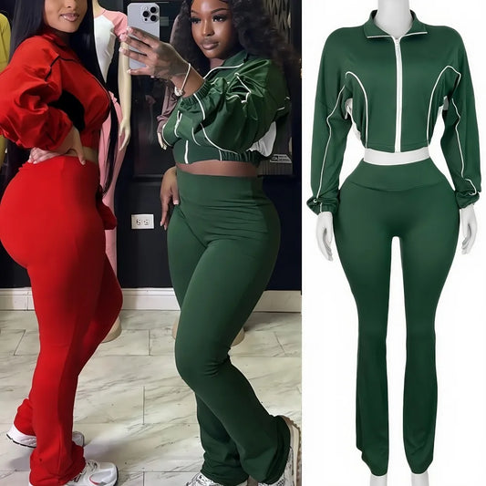 FAGADOER Casual Stripe Patchwork 2 Pieces Set for Woman Zip Long Sleeves Ruched Crop Top + Flare Pants Tracksuit Female Jogger