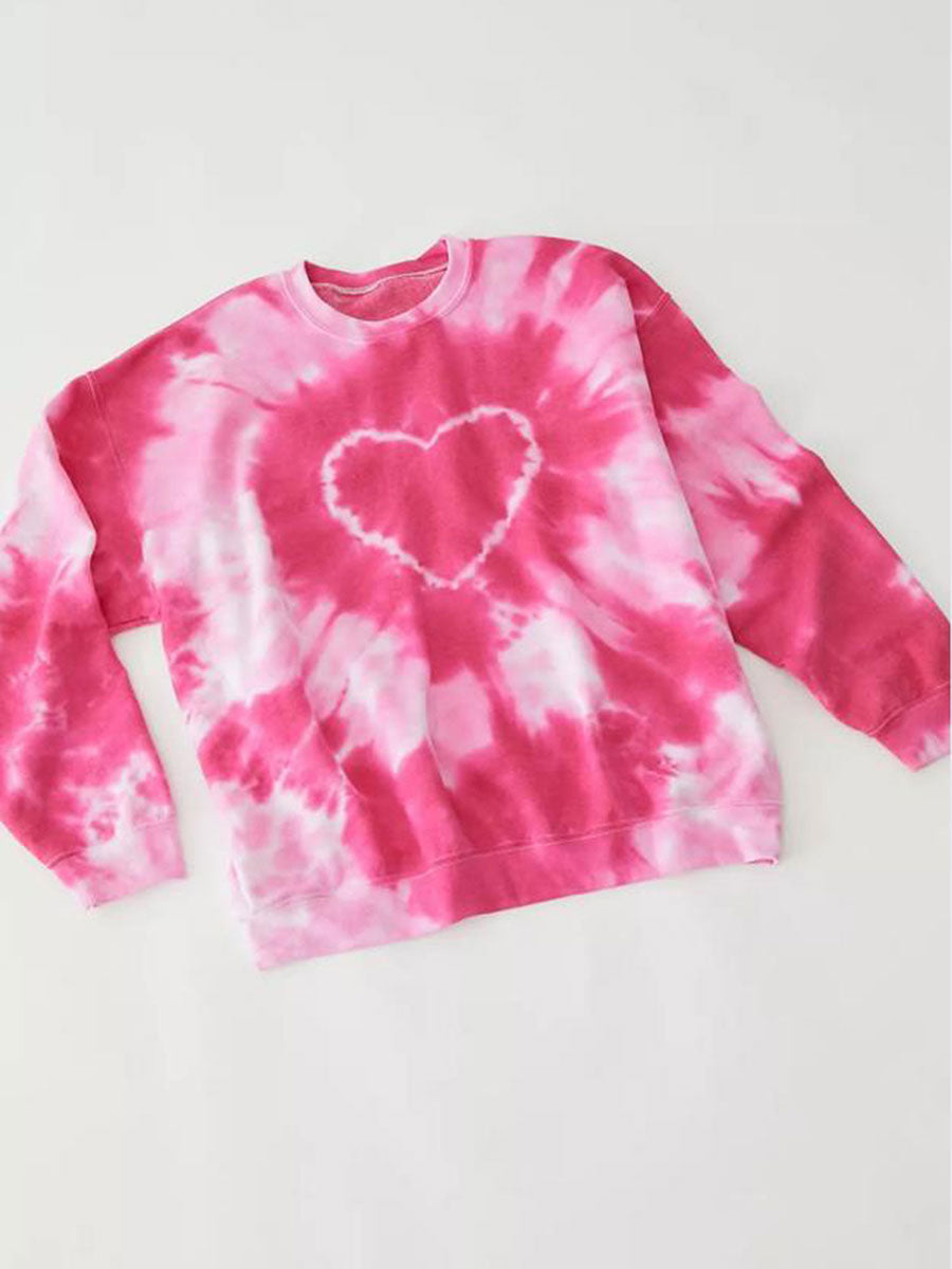 Women's Spring and Autumn Loose Heart Tie Dye Round Neck Sweatshirt Long Sleeve Heart Tie Dye Printed Round Neck Sweatshirt