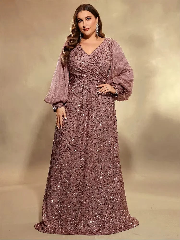 Plus Size V Neck Sequin Evening Dress