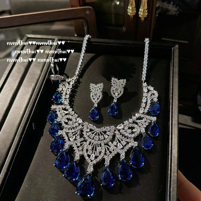Royal Blue Teardrop Zircon Necklace and Earring Set for Women