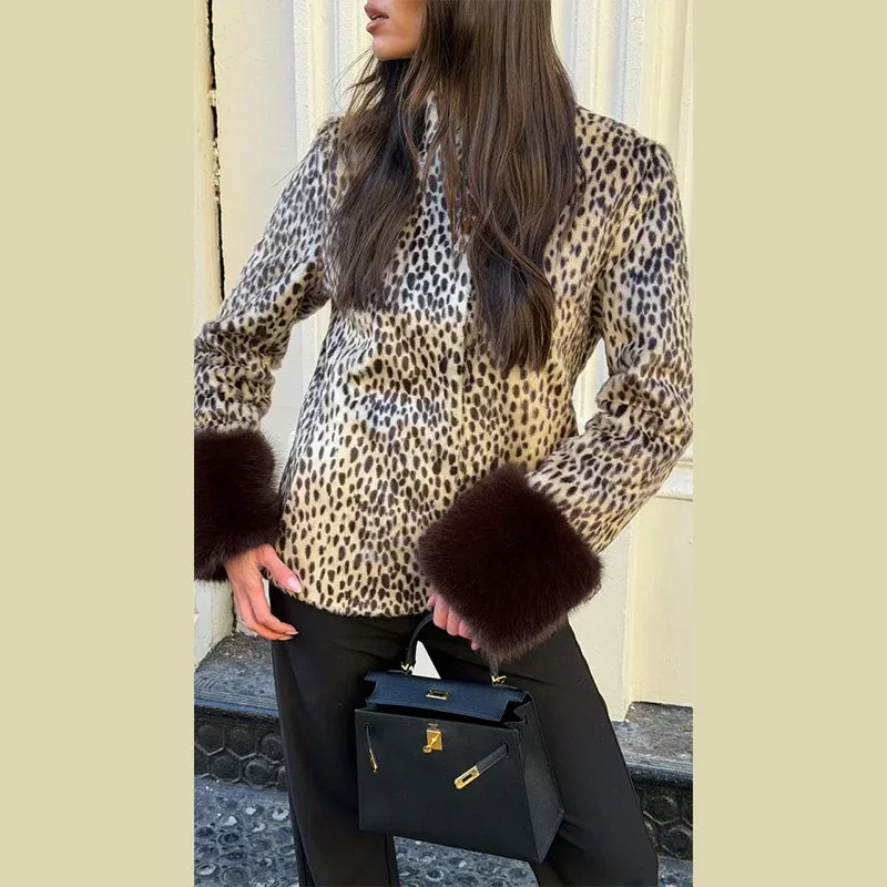 Fitted Vintage Leopard Patchwork Faux Fur Coat for Women