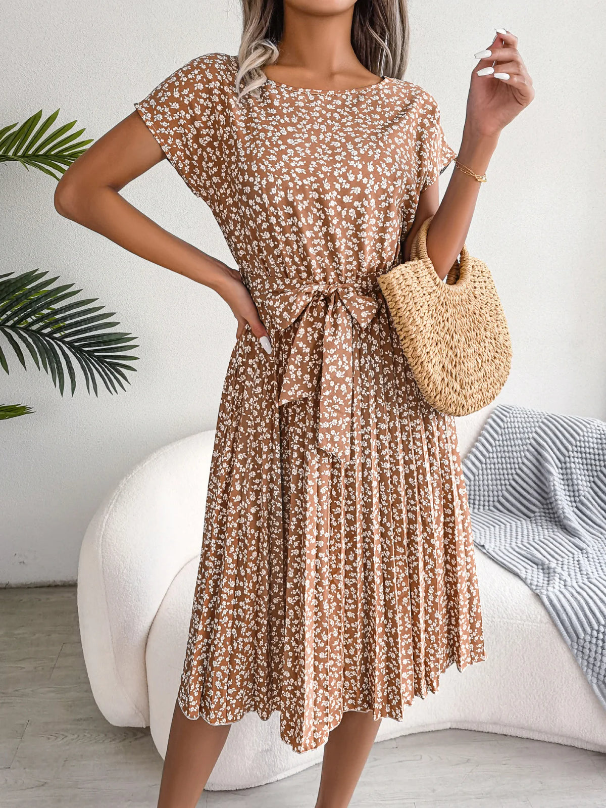 Chic Casual Pleated Short Sleeve Midi Dress for Women