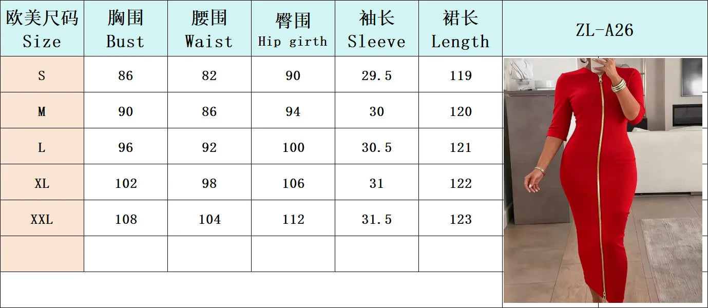 V-Neck Zipper Mid-Sleeve Ankle-Length Dress for Women