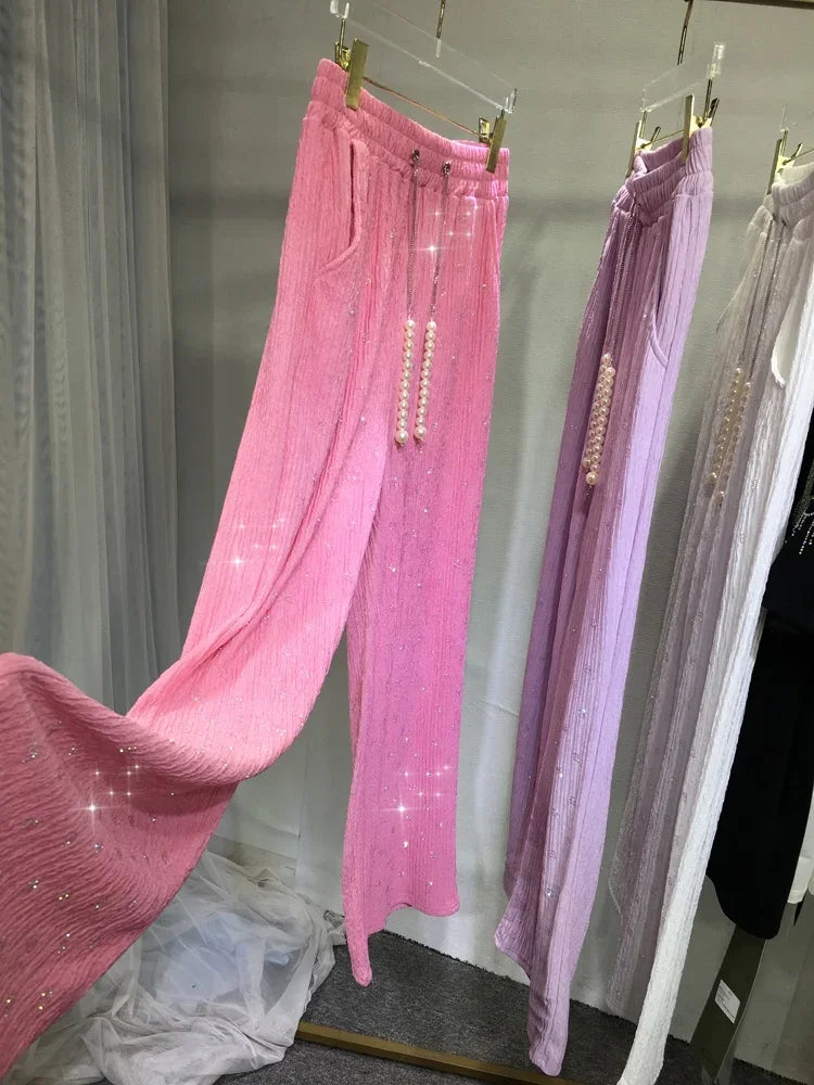Pink Silk-Feel Wide Leg Pants