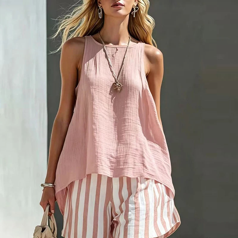 Casual Summer Sleeveless Vest And Shorts Two Piece Set for Women