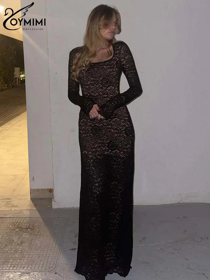 Oymimi Sexy White Lace Women's Dress Summer New Slim Square Neck Long Sleeve Dresses Fashion Straight Floor-Length Dress Female