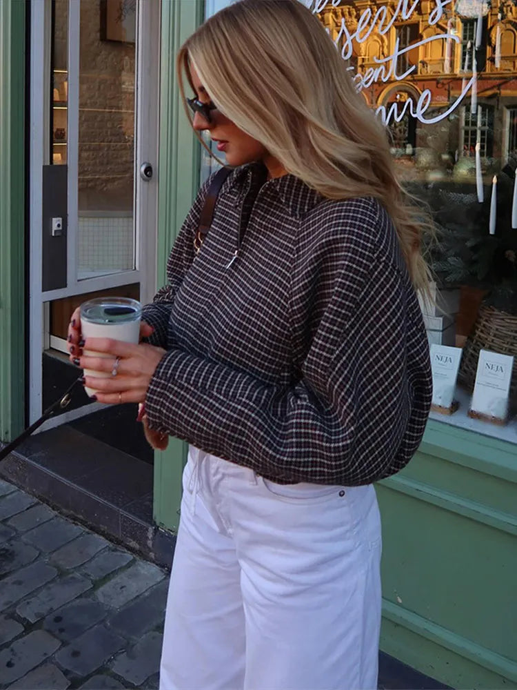 Vintage Plaid Women 's Jacket Elegant Lapel Patchwork Full Sleeve Zipper Cropped Jackets Lady 2026 Woman Spring Coats Outwears