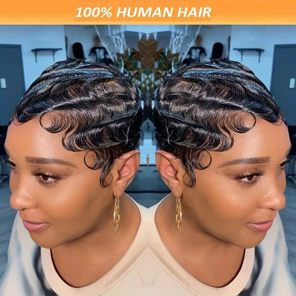 Short Finger Wave Premium Remy Human Hair Wig for Women