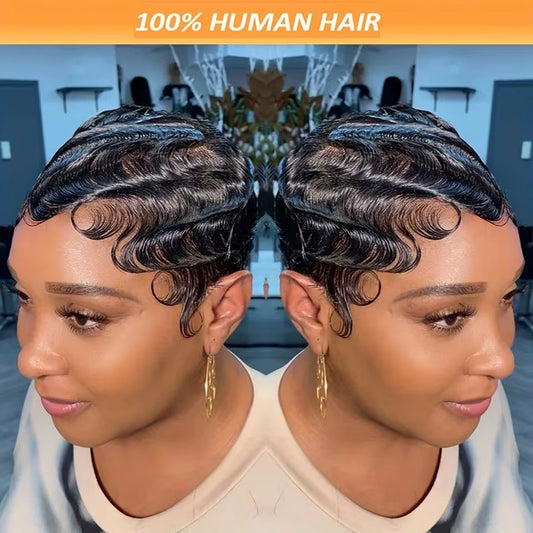 Short Finger Wave Premium Remy Human Hair Wig for Women