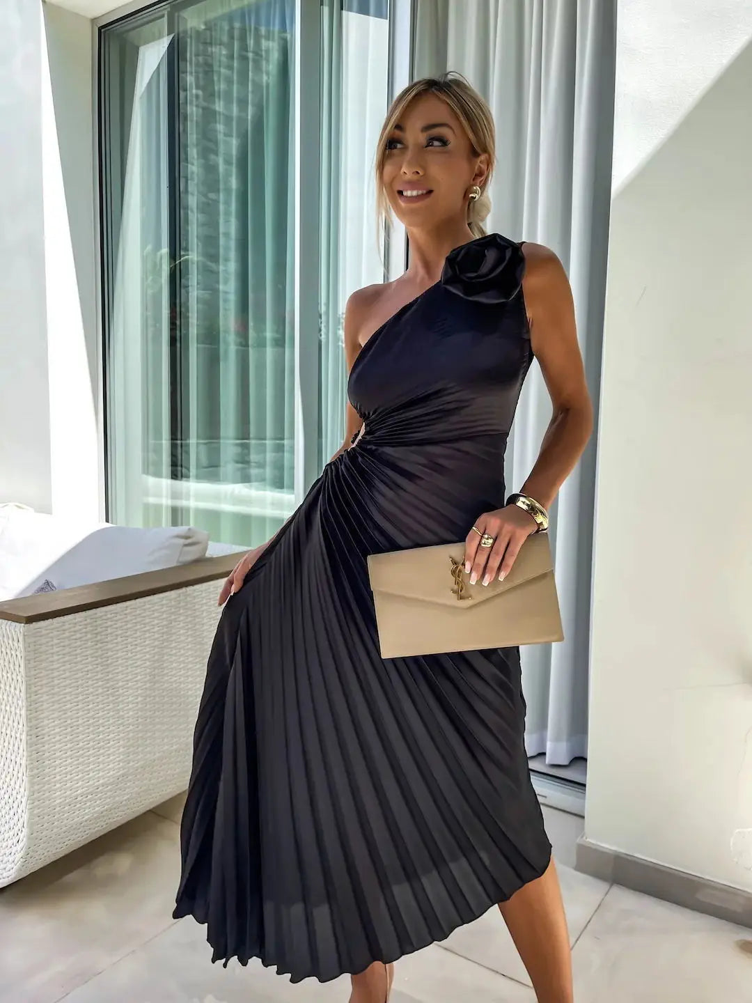 One Shoulder Flower Decor Pleated Elegant Dress for Women