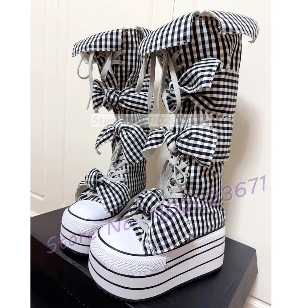 Bowknots Thick-sole Long Canvas Shoes Women Trendy Round Toe Cool Plaid Shoes Girl's Lolita Sweet Lace-up Platform Tall Boots