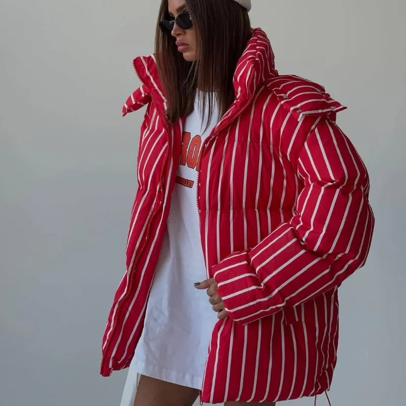 Striped Cotton Quilted Coat Single Breasted for Women