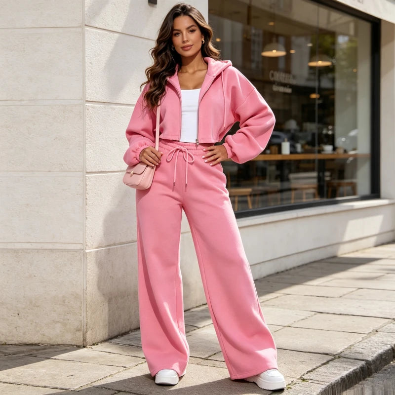Hooded Zip Jacket and Wide Leg Pants Set for Women