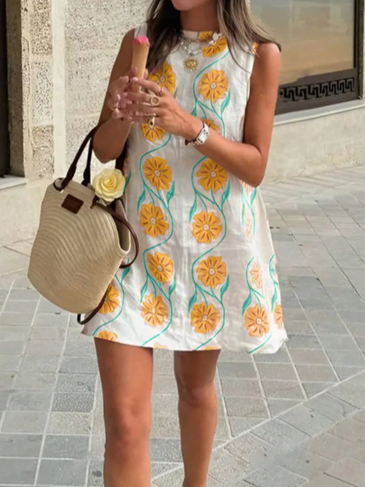 Floral Print Sleeveless Round Neck Mini Dress With Back Keyhole for Women