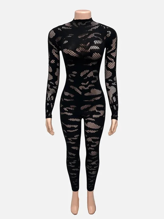 Peach See Through Jumpsuit With O Neck And Long Sleeves for Women